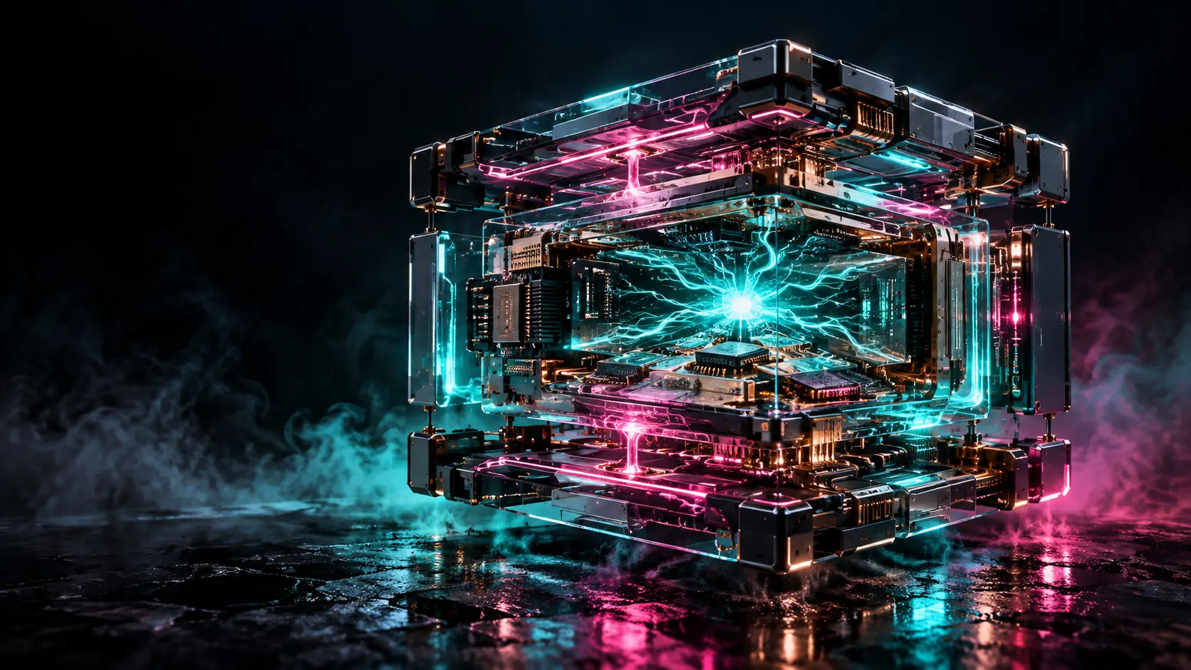 An artistic view of layered silicon and illuminated teal and pink neural connections