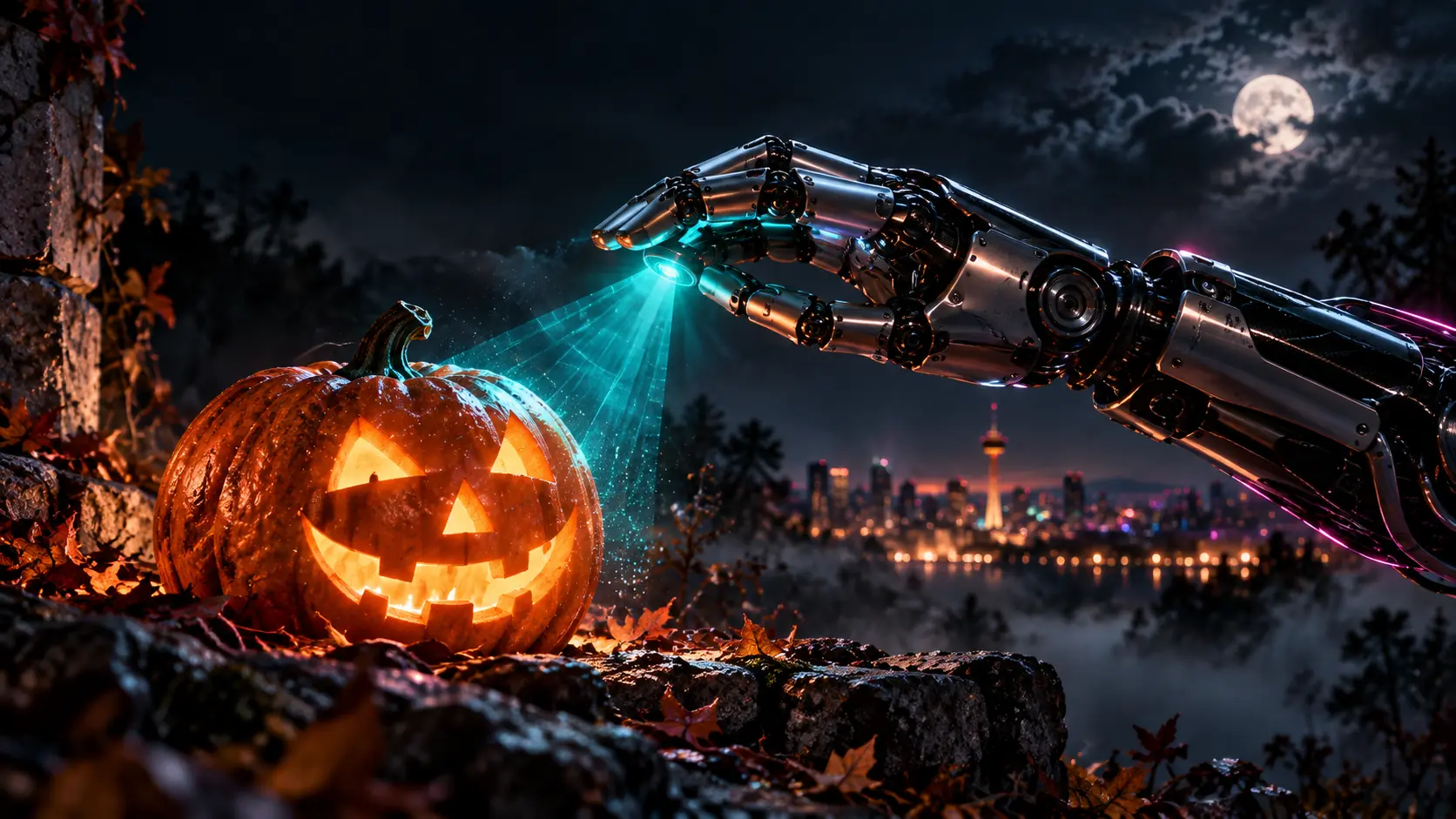 A robotic hand scanning a pumpkin with a teal perception field in a conceptual Halloween scene