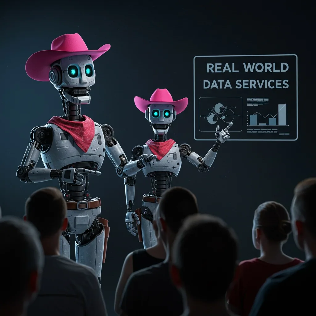A robot in a pink cowboy hat reviewing human-validated data annotations