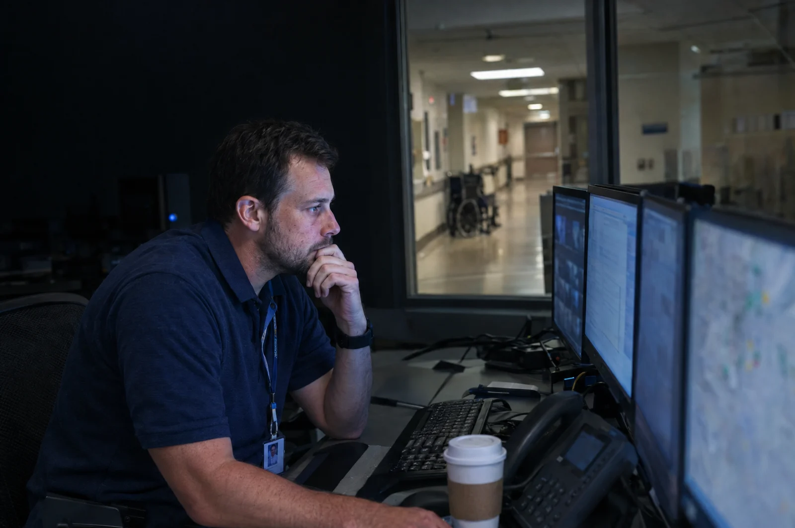 A hospital security analyst reviews monitors in an operations room next to a hospital corridor