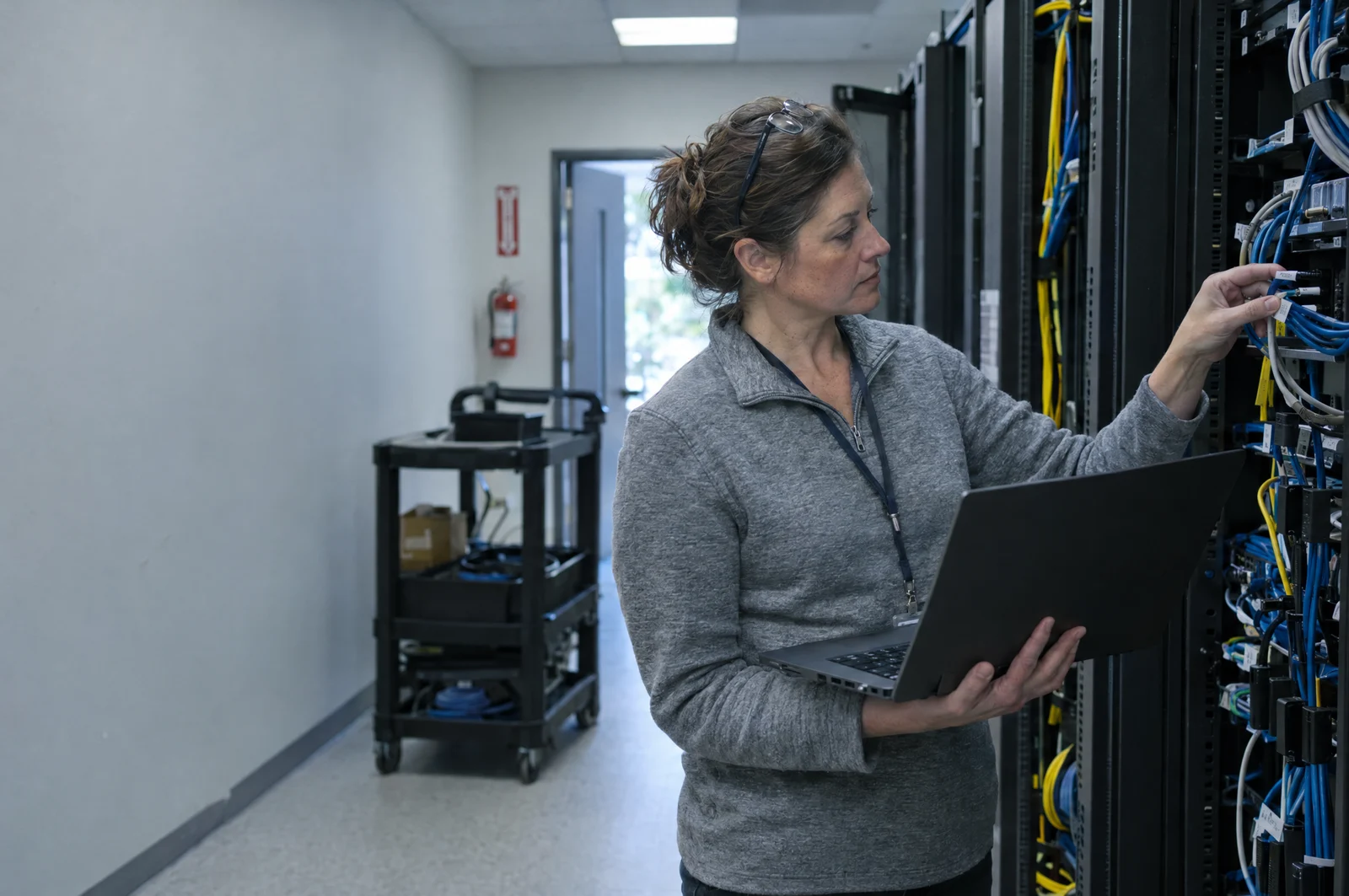 An IT engineer checks a server rack in a company's on-premises server room