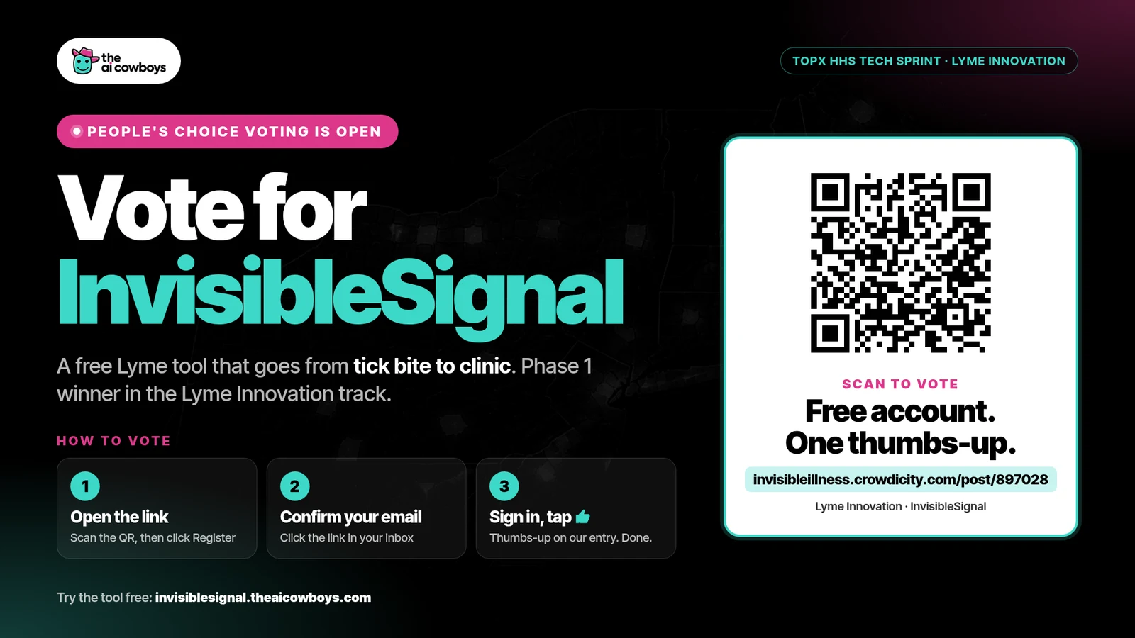 Vote for InvisibleSignal graphic with three voting steps and a QR code to the People's Choice voting page