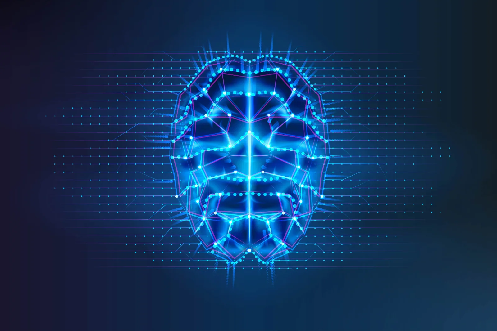 A glowing digital brain drawn in circuit lines on a dark blue background