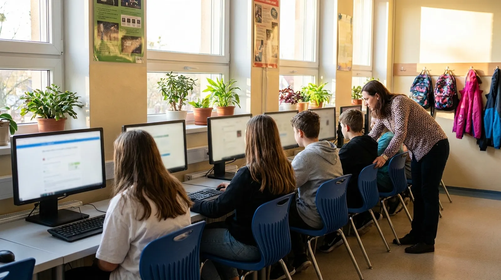 A bright school computer lab, students at machines with a teacher helping one of them