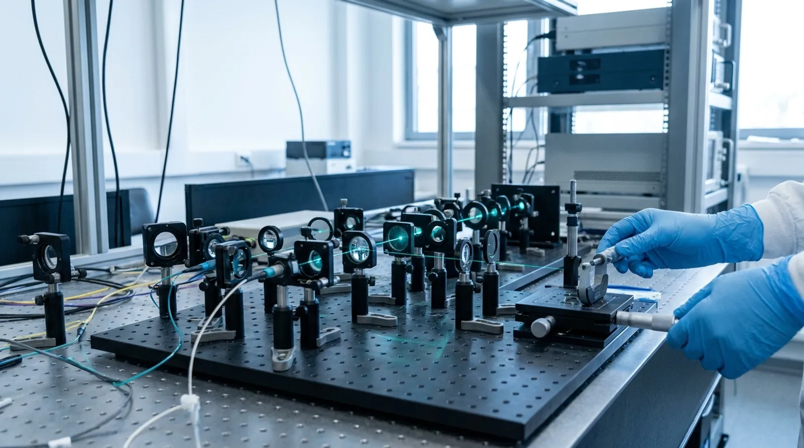 An optical bench in a research laboratory, a faint alignment beam crossing it