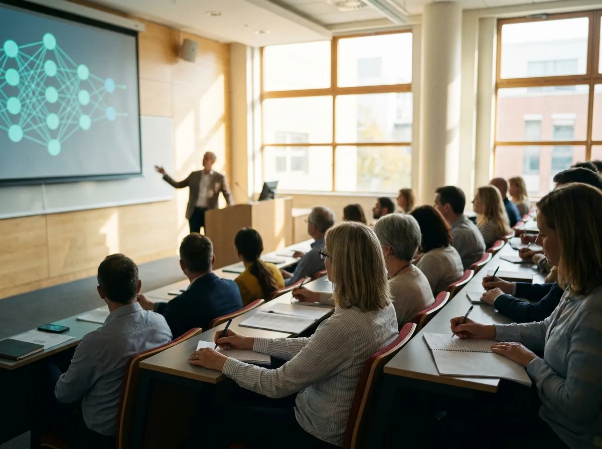 An instructor at a lectern in a university lecture theatre, a network diagram on the screen behind