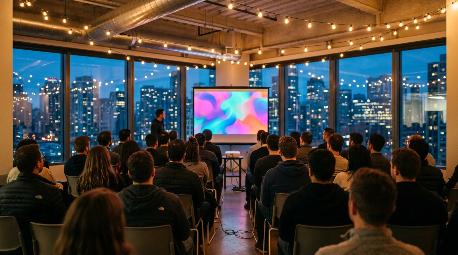 A technology meetup at dusk seen from the back of the room, a glowing screen ahead