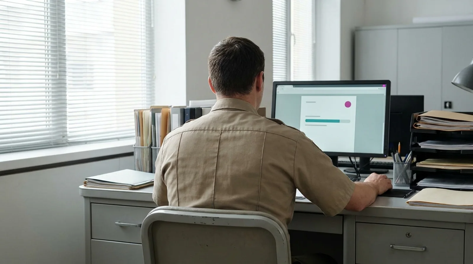A service member completing administrative paperwork at a government workstation