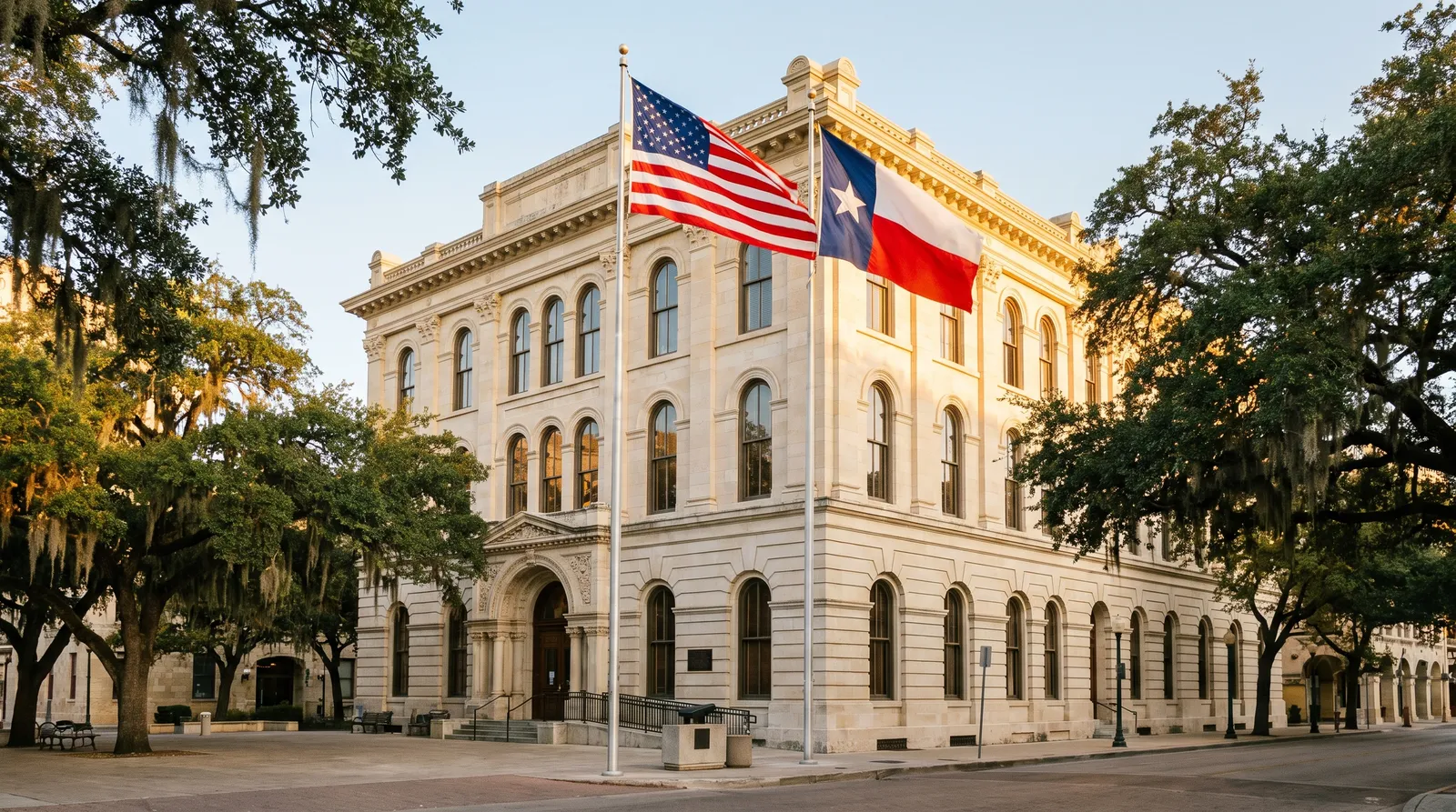 San Antonio City Hall, the 1891 limestone building in Plaza de Armas, with the United States and Texas flags