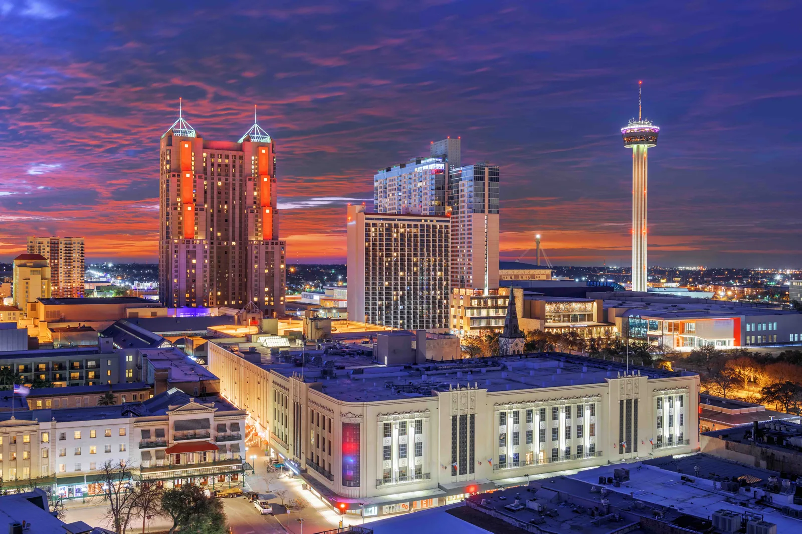 The San Antonio, Texas downtown skyline at dusk