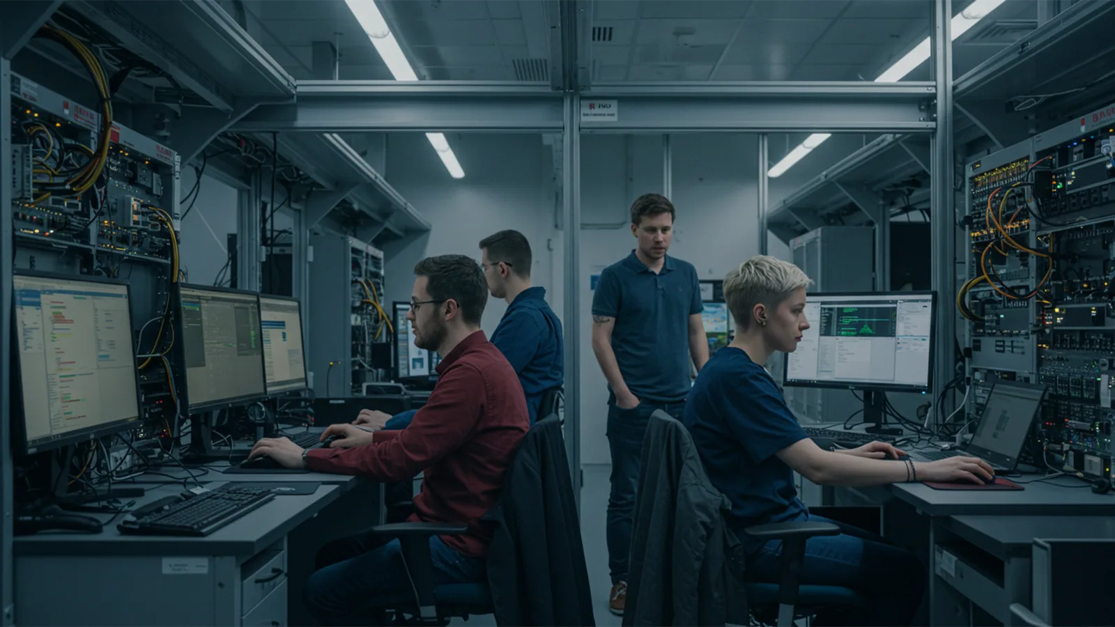 Engineers testing systems at workstations in a server lab