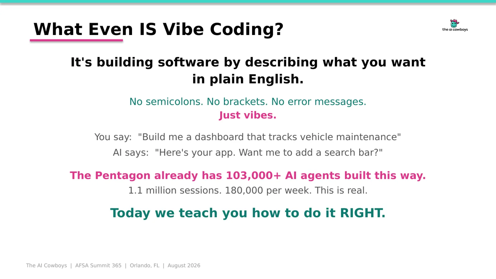 Vibe Coding AI Solutions workshop slides, slide 2 of 21