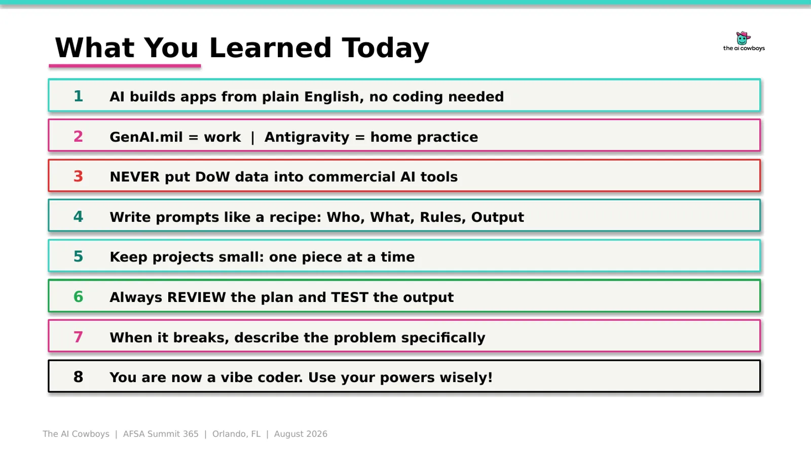 Vibe Coding AI Solutions workshop slides, slide 19 of 21