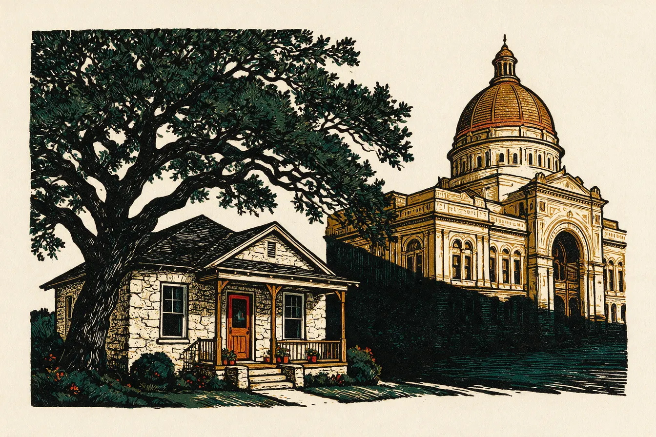 Linocut illustration of a small San Antonio bungalow under a live oak, with the City Hall dome looming behind it
